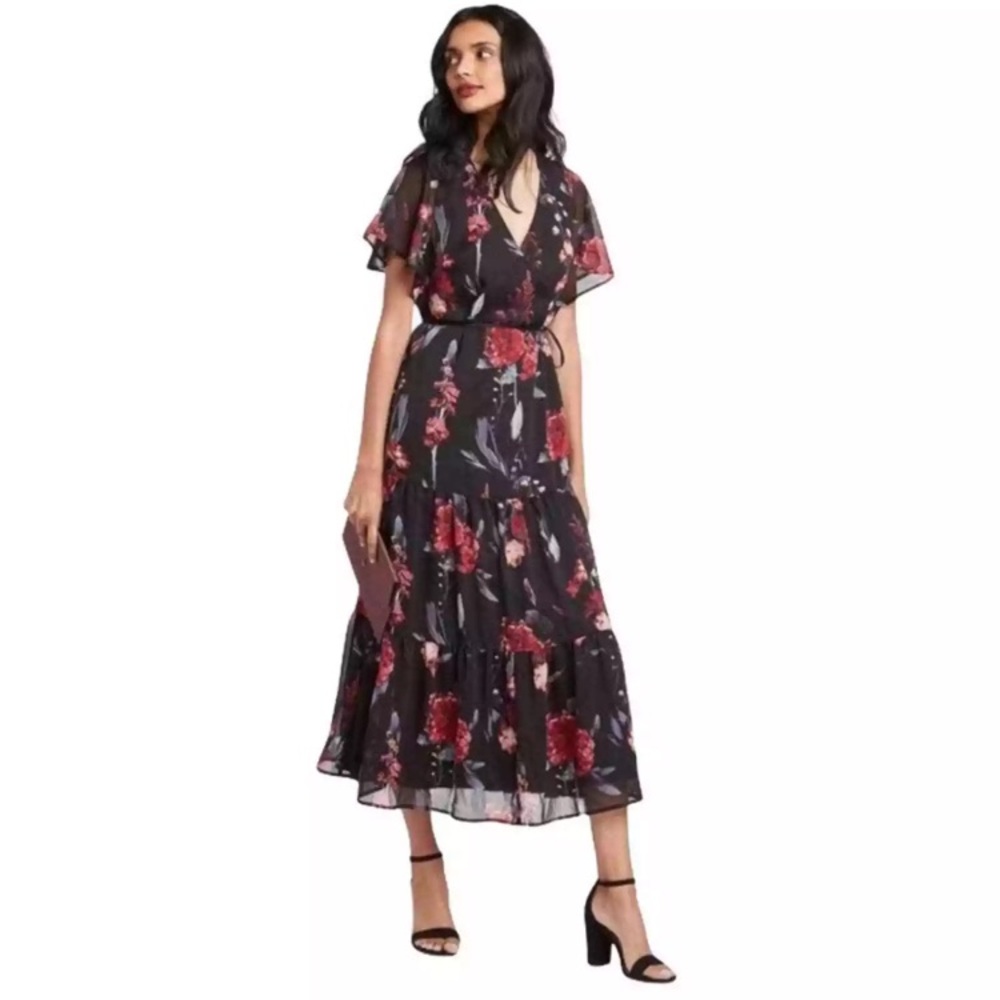 a new day Black/Red Floral Short Sleeve V-Neck Maxi Dress